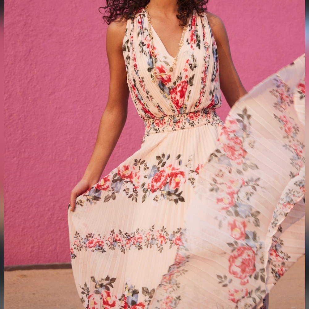 White House Black Market Floral Maxi Dress in Cream and Pink